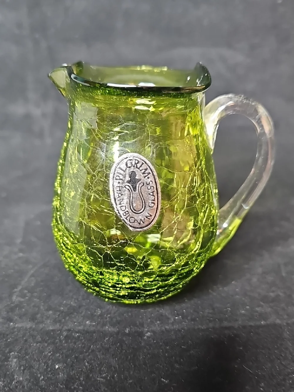 Pilgrim Handblown Crackle Glass Pitcher in Green with Clear Handle